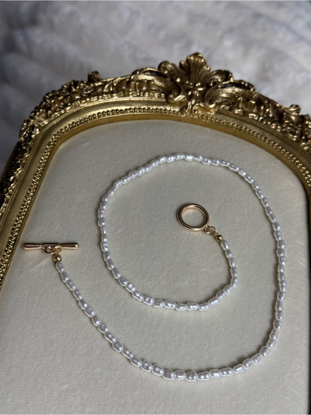 Gold and White Pearl Beaded Necklace - Classic Pearl Strand toggle clasp